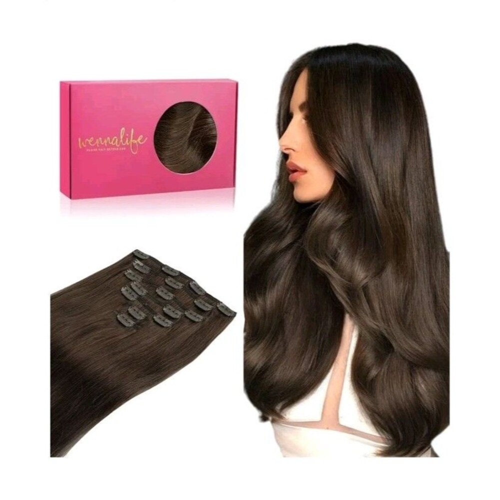 Wennalife Clip in Human Hair Extensions 14 inch 120g 7pcs Chocolate Brown 4a